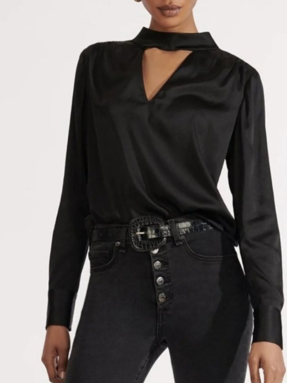 Veronica Beard Black Silk Long-Sleeve Tie-Back Blouse